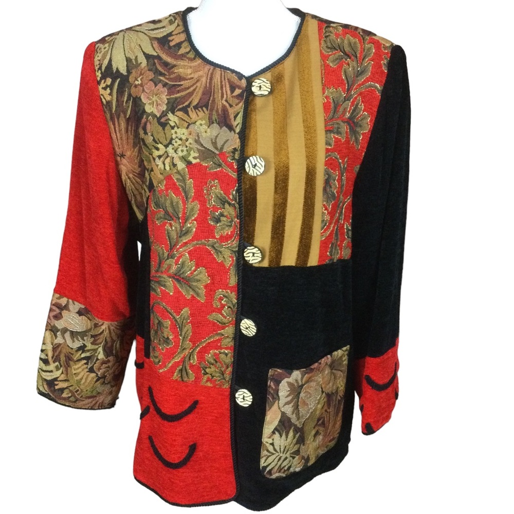 Indigo Moon Vintage Floral Tapestry Patchwork Jacket Size Large